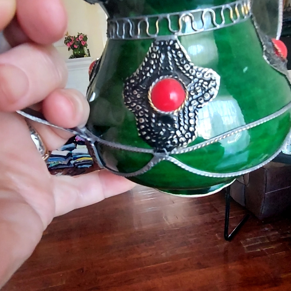 Traditional vintage ceramic and silver metal filigree Moroccan tea/coffe pot. - Picture 7 of 12